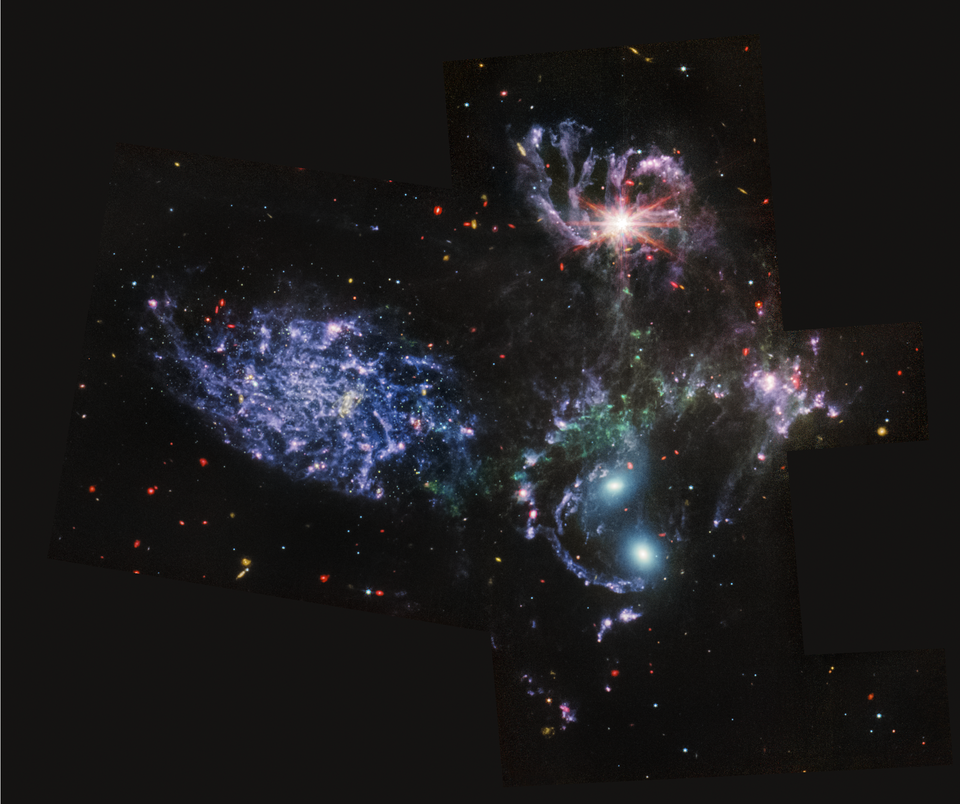 MIRI und NIRSpec beobachteten die fünf Galaxien des Stephans Quintetts, um die starken Gravitationskräfte zwischen interagierenden Galaxien und die dadurch ausgelöste Sternentstehung aufzuzeigen.