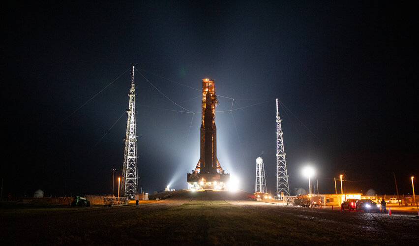 Artemis I on the launchpad at night