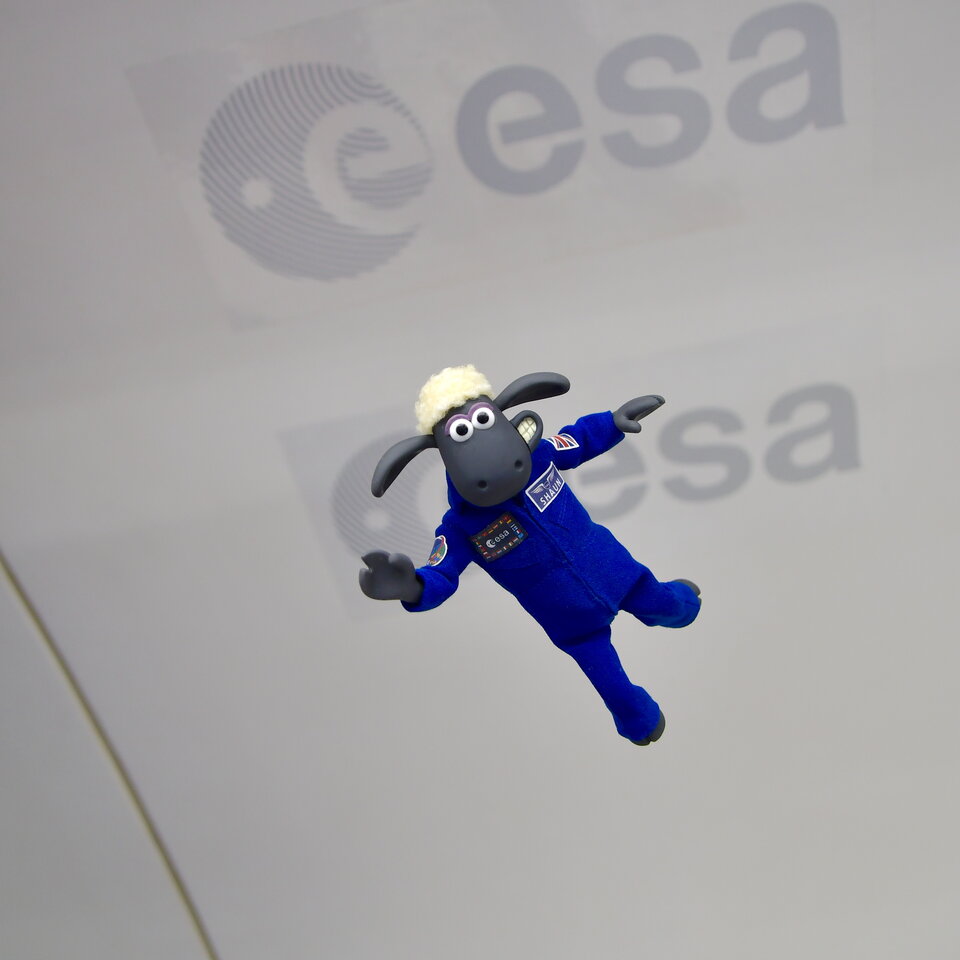 ESA logo as a backdrop for a special guest on a parabolic flight