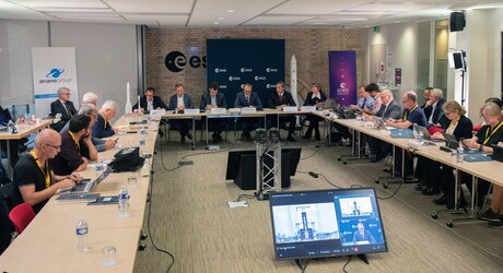 Ariane 6 press briefing at ESA Bertrand HQ: (l-r at front) Stéphane Israël (Arianespace Chief Executive), André-Hubert Roussel (ArianeGroup Chief Executive), Philippe Baptiste (CNES Chairman and Chief Executive), Josef Aschbacher (ESA Director General), Daniel Neuenschwander (ESA Director of Space Transportation)