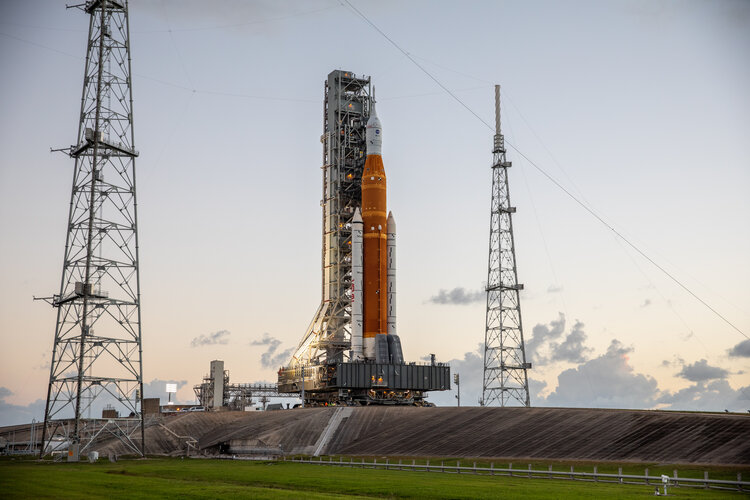 Artemis I rocket with Orion and European Service Module on the launchpad 