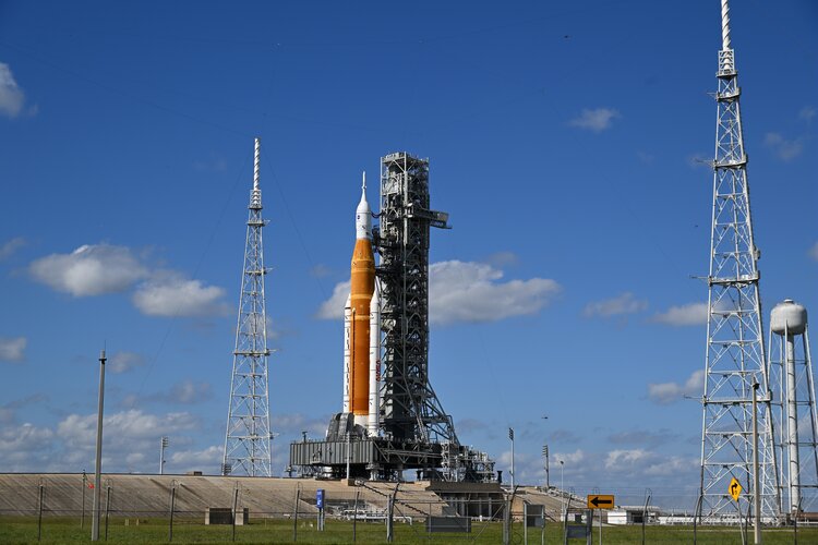 Artemis I rocket with Orion and European Service Module on the launchpad 