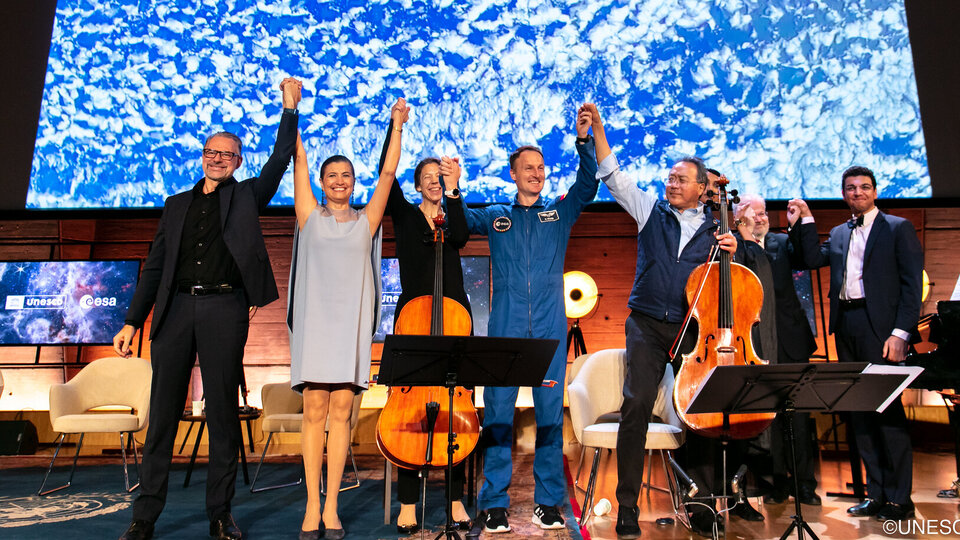 Left to right: ESA's Josef Aschbacher, Gabriela Ramos (UNESCO), Hélène Huby (The Exploration Company), ESA astronaut Matthias Maurer, Yo-Yo Ma, singer songwriter Imany, pianist Emanuel Ax and astrophysicist and pianist Amir Siraj