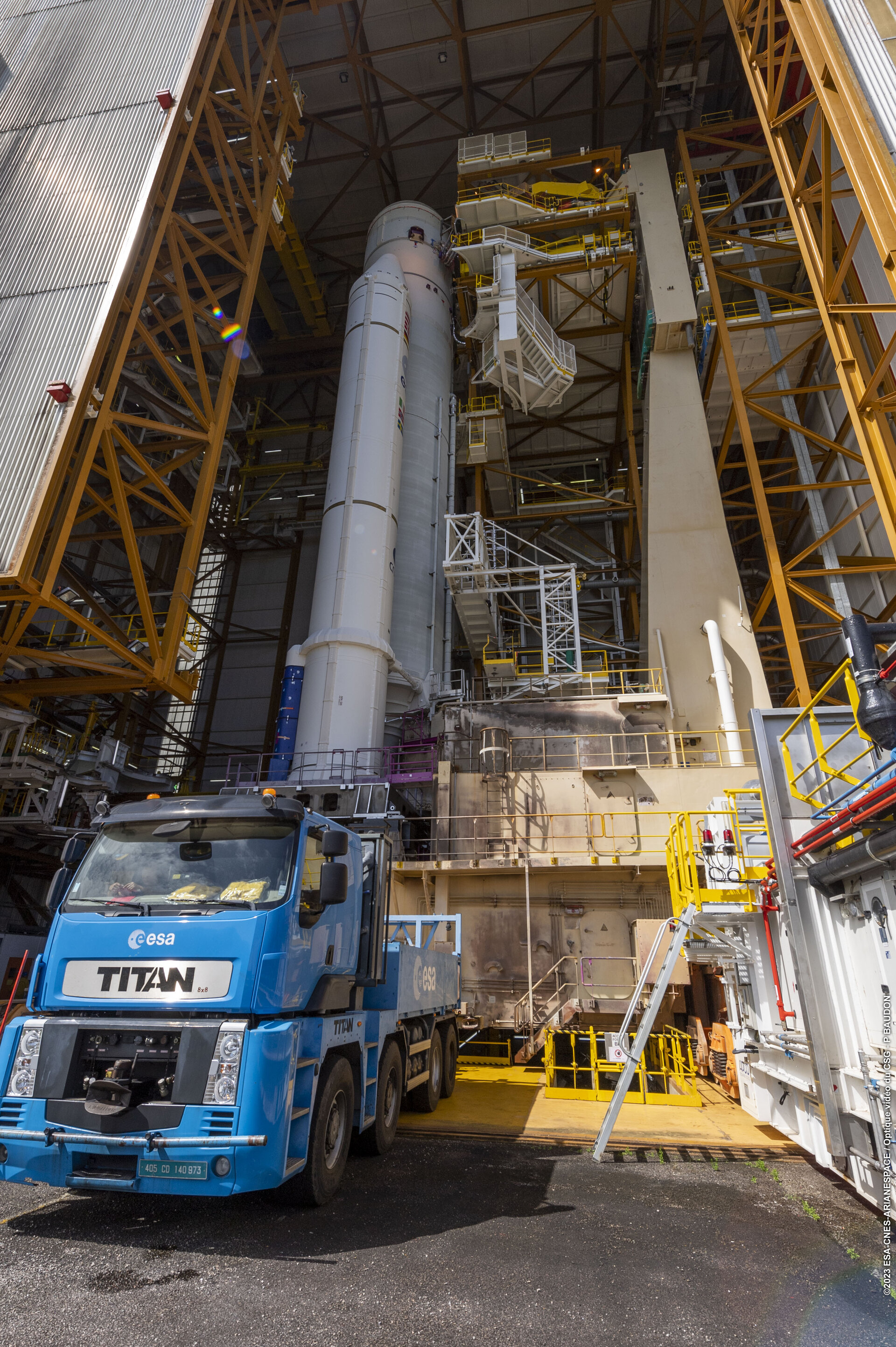 Ariane 5 rocket for the Juice launch being transferred to the final assembly building at Europe's Spaceport in French Guiana for payload integration and last preparation for flight VA260