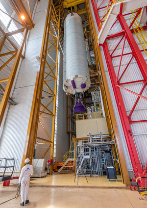 Ariane 5 lower stage in assembly building at Europe's Spaceport, flight VA261