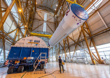 Ariane 5 lower stage in assembly building, Europe's Spaceport, for flight VA261
