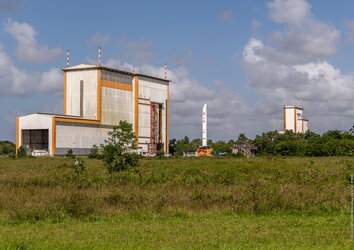 Ariane 5 solid fuel booster, transfer to assembly building, Europe's Spaceport, for flight VA261