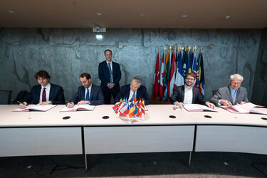 Left to right: Francesco Cacciatore (SENER), Giorgio Gasbarrini (Avio), Daniel Neuenschwander (ESA standing), Giorgio Tumino (ESA, seated), Antonin Ferri (ArianeGroup), Pierre Faucoup (The Exploration Company)