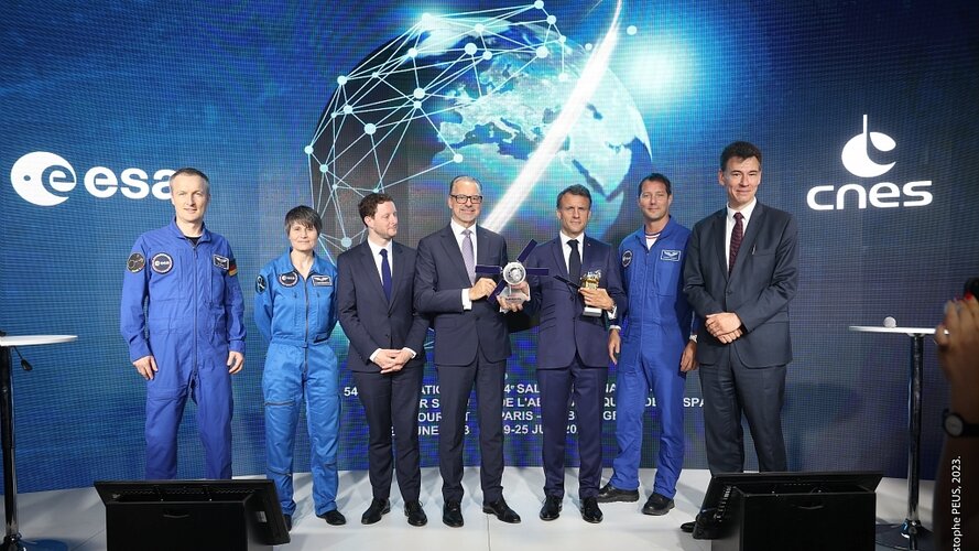 French President Emmanuel Macron visits ESA/CNES pavilion 