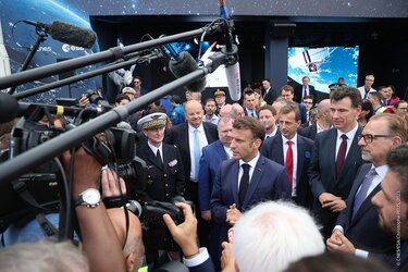 ESA Director General Josef Aschbacher with French President Emmanuel Macron and CNES CEO Philippe Baptiste.
