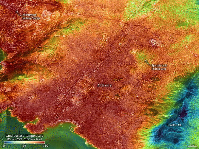 Land-surface temperature in Athens on 15 July 2023