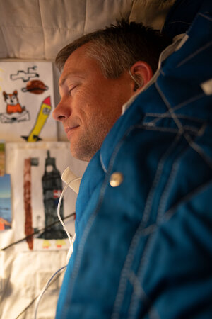 Andreas Mogensen in sleeping quarters on the International Space Station  