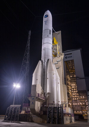 Ariane 6 on the launchpad for nighttime rehearsal