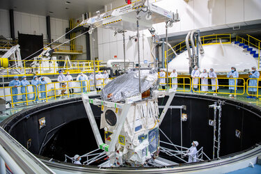 EarthCARE being lowered in the Large Space Simulator