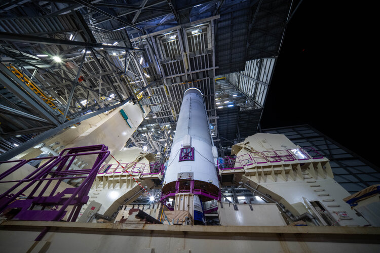 Inside the Ariane 6 mobile building with first central core for flight