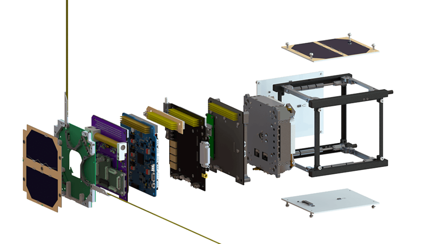 The many elements that make up 3Cat-4, including the Flexible Microwave Payload, sixth panel from the left, which is 3Cat-4’s primary piece of equipment and will perform all of the scientific experiments onboard, and the 0.5-meter antenna stowed away in the final panel.