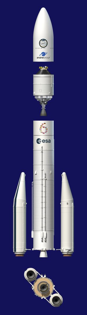Artist's view of the Ariane 6 components with two boosters – blue background