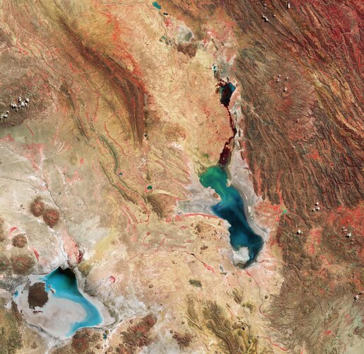 This Copernicus Sentinel-2 image features salt flats and lakes in southwest Bolivia, near the crest of the Andes Mountains. 