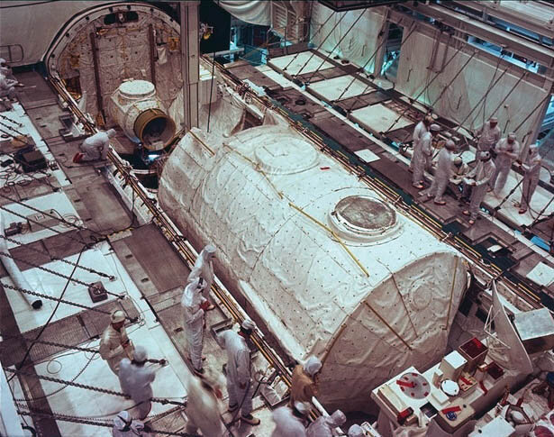 ESA's Spacelab module being integrated with the Space Shuttle