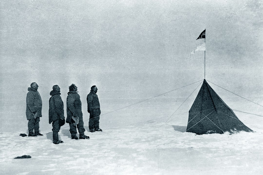 Roald Amundsen, Helmer Hanssen, Sverre Hassel and Oscar Wisting (left to right) at the South Pole on 16 December 1911.