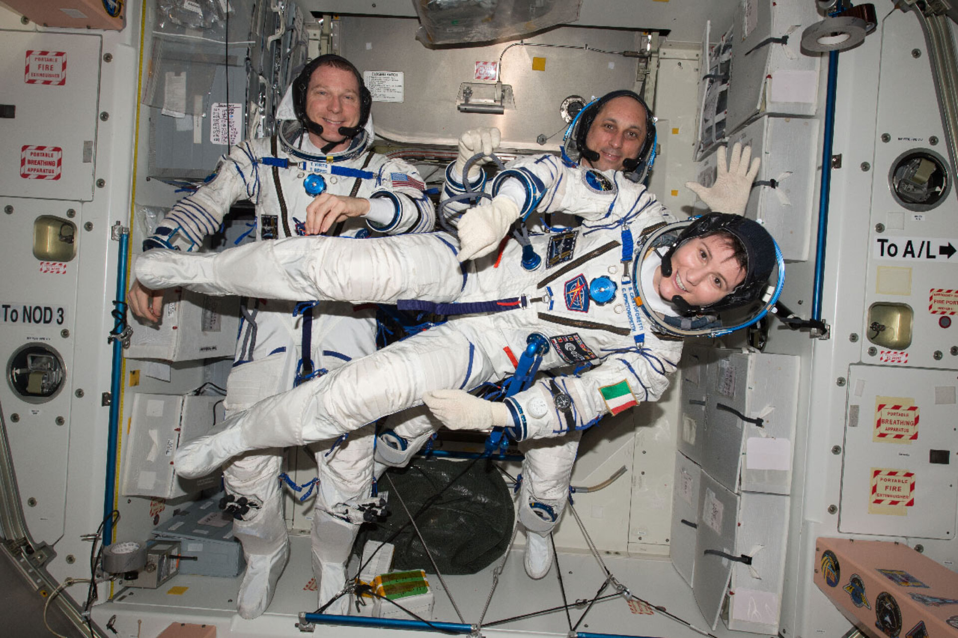Samantha Cristoforetti, Terry Virts (left) and Anton Shkaplerov in the International Space Station in 2015.