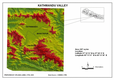 Overview of the Kathmandu valley (red area above 1800 m.s.l.)