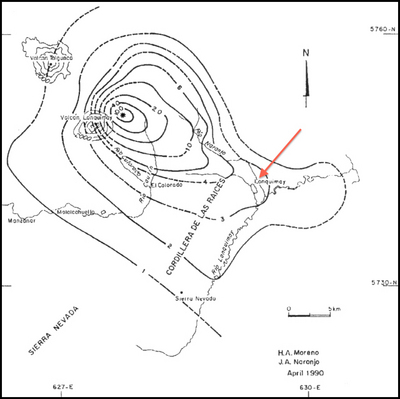 Isolines indicating the distribution of volcanic ash (in cm)