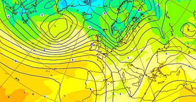 The frontal zone shown by the height of the 500 hPa surface
