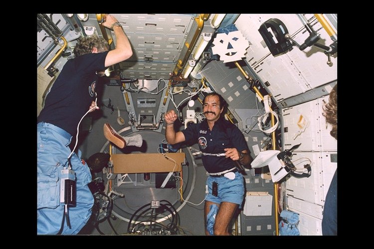 Ockels and egg aboard Spacelab