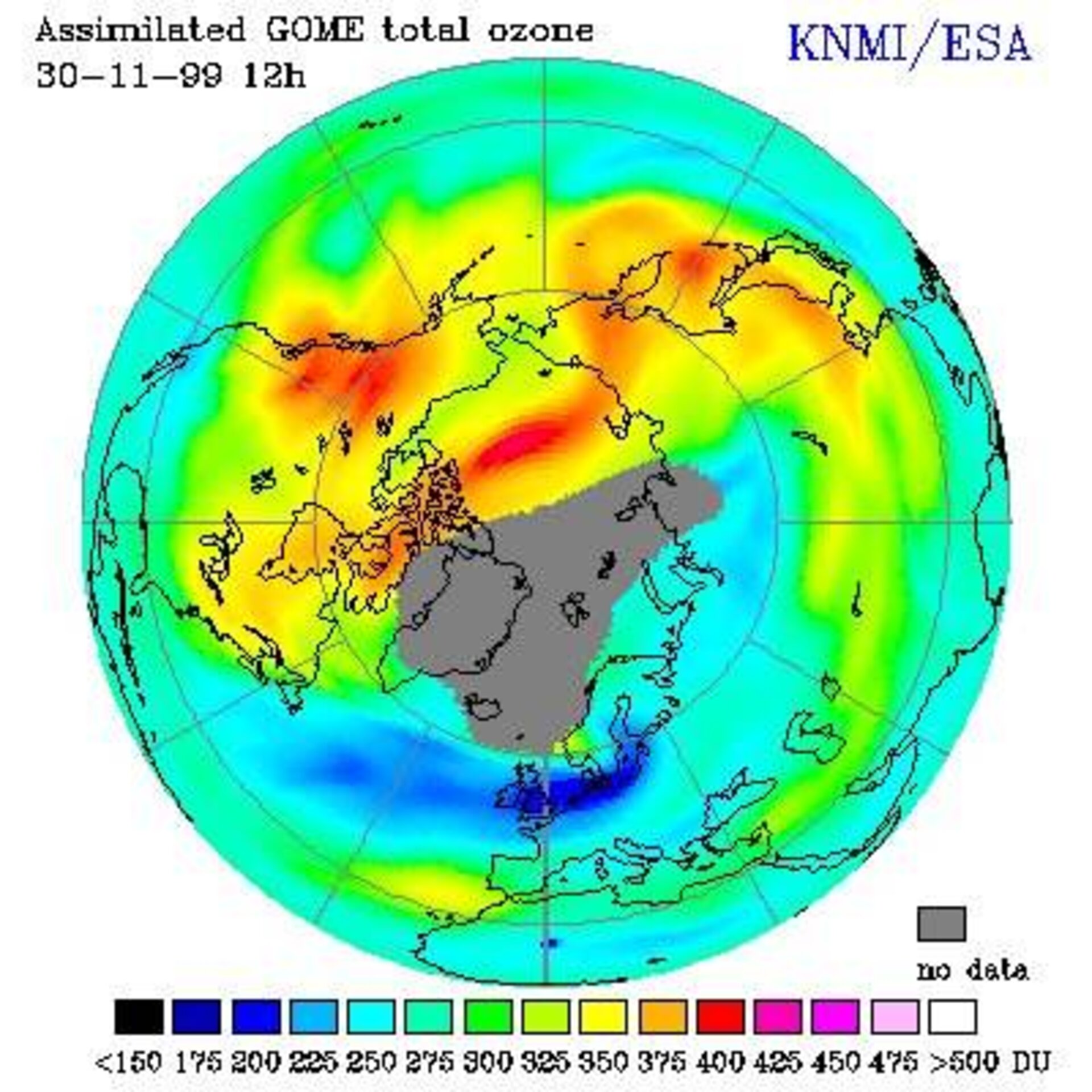ERS-2/GOME map of ozone thinning over Europe