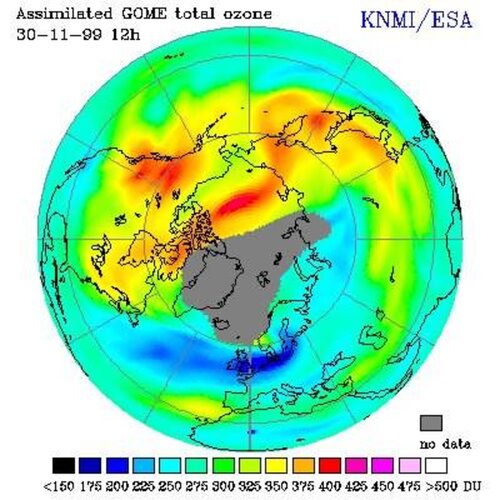 ERS-2/GOME map of ozone thinning over Europe
