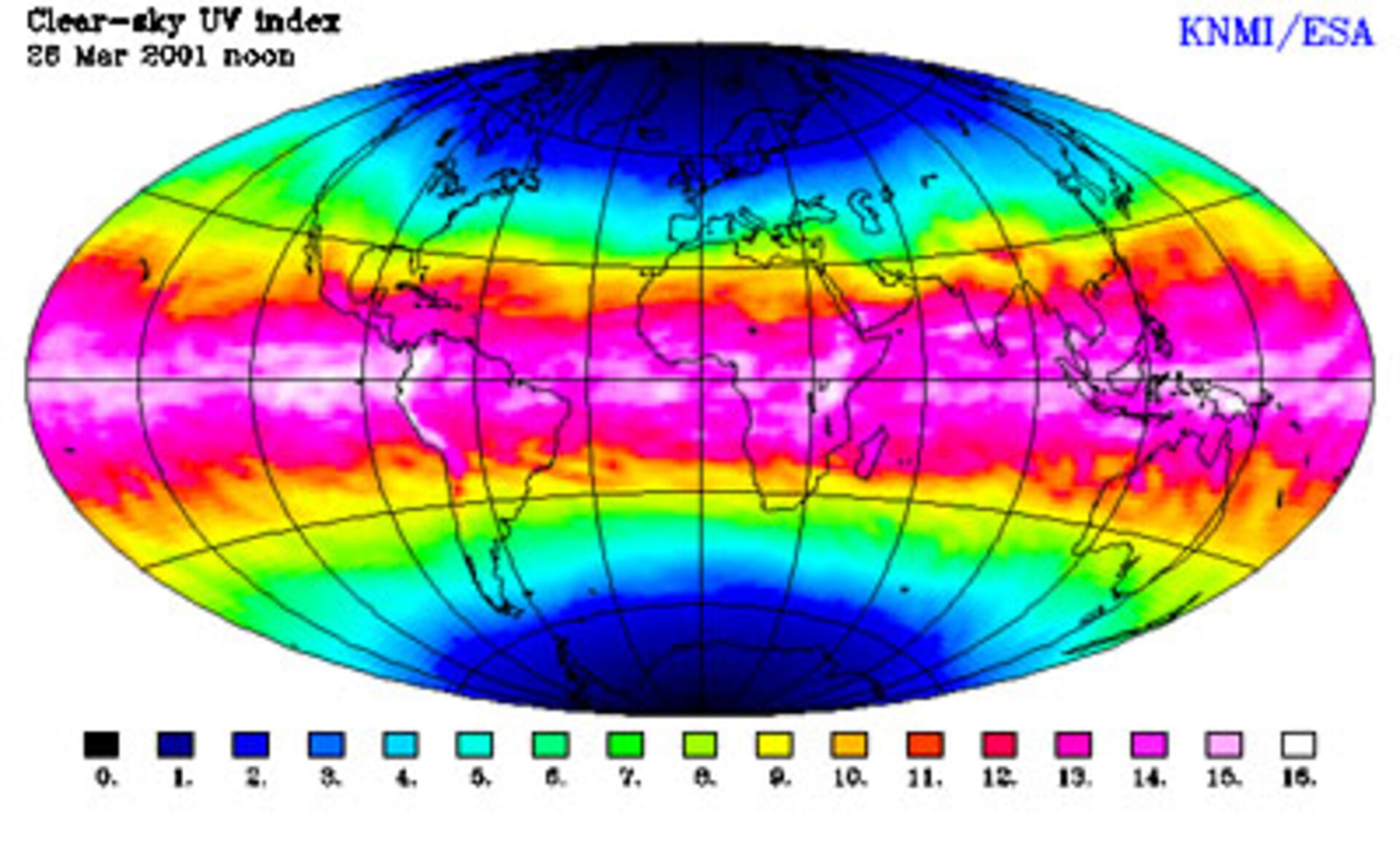 Global clear-sky UV index 26 March 2001