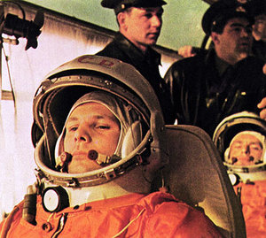 Yuri Gagarin on his way to the launch pad