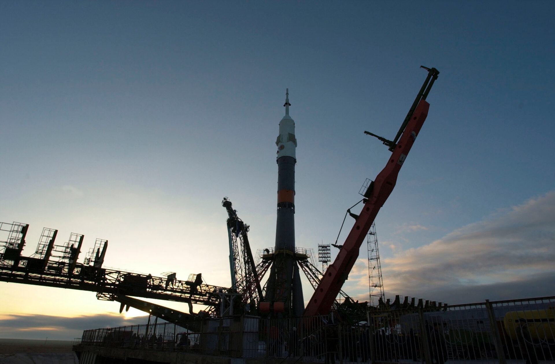 A Soyuz rocket is transferred to the launch pad
