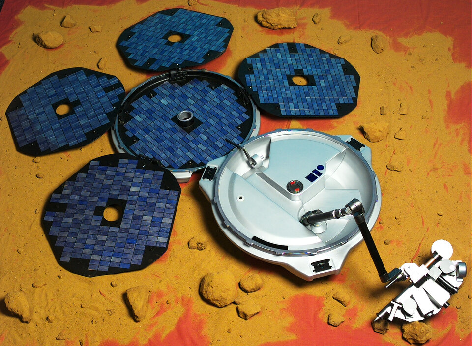 Beagle 2 -laskeutujalla on monipuolinen tutkimuslaitevalikoima robottikäden päässä ja pinnan alle tunkeutuva myyrä.