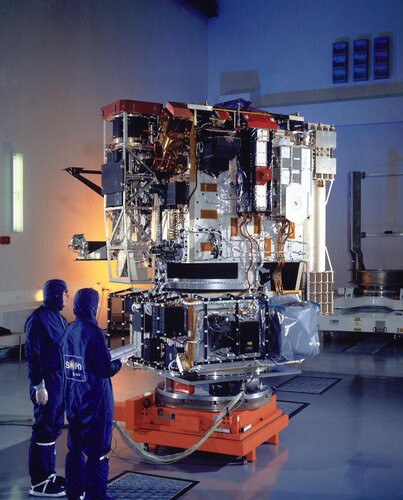 Integration test of ESA's satellite Solar and Heliospheric Observatory (SOHO) at Toulouse (France) in April 1995.