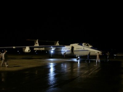 M-55 Aircraft 'Geophysica' landing at night
