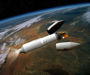An artist's impression of the Integral and Proton: the launcher with its payload