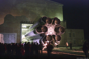 12.10.02  the Proton launcher being rolled out of the 92-1 building