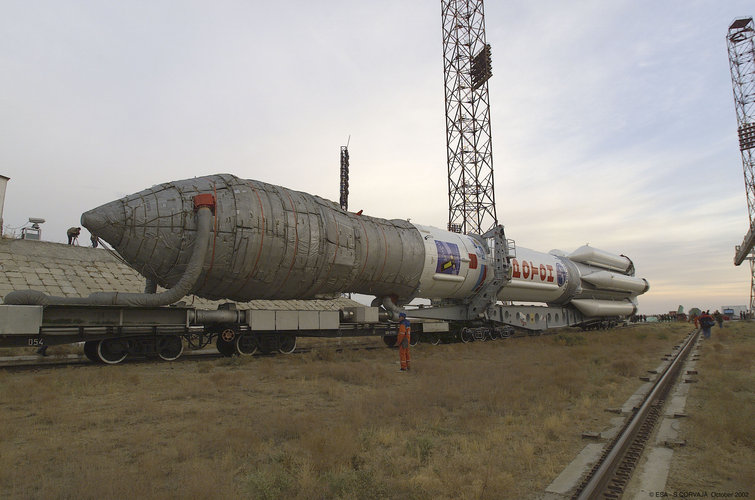 Proton rocket during transport to the launch pad