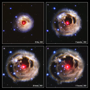Hubble watches light echo from mysterious erupting star (composite)
