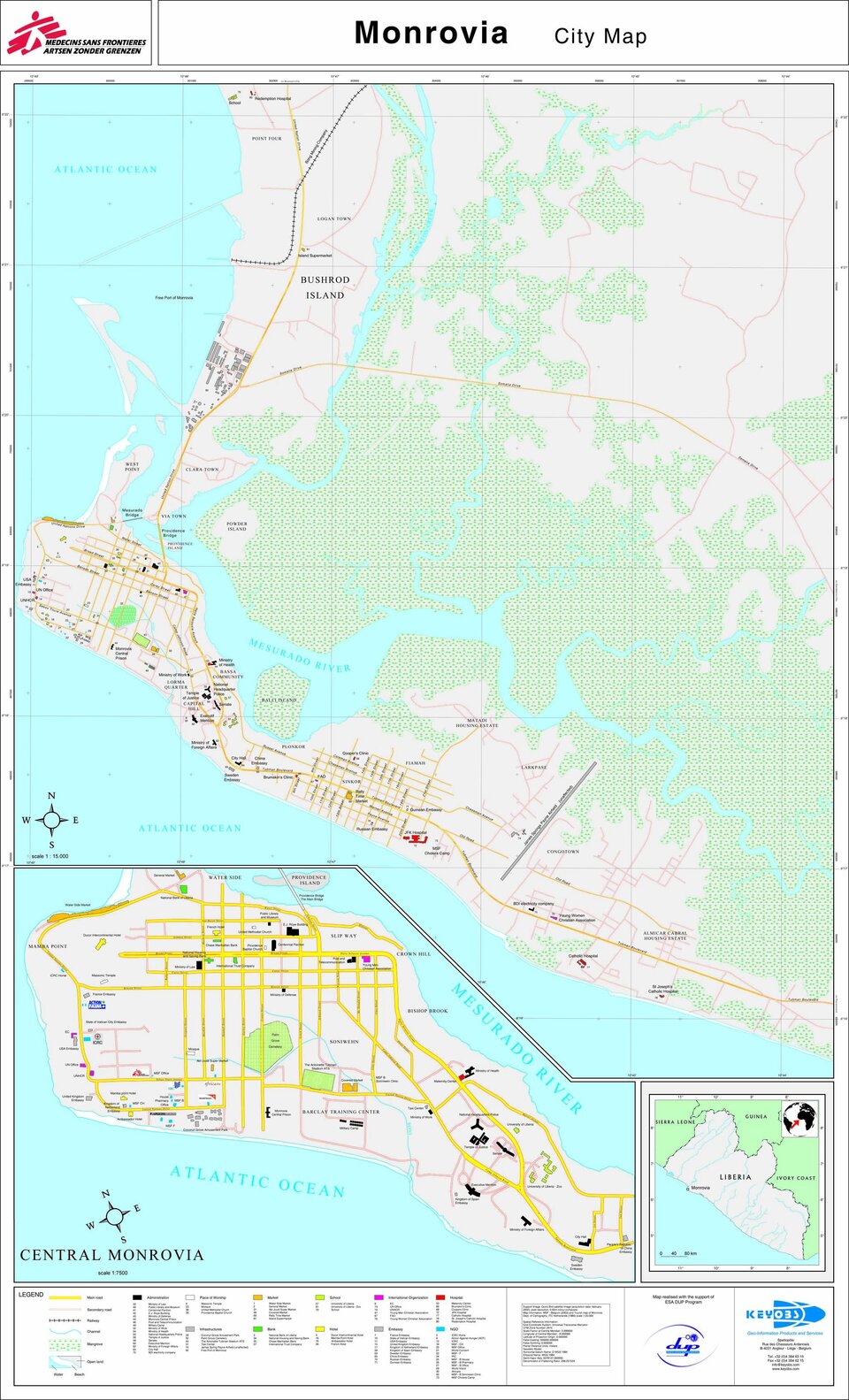 De kaart van Monrovia, die door AzG wordt gebruikt