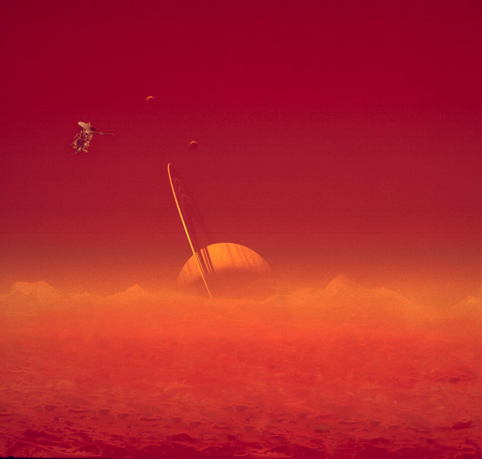 Omtrent sådan vil Saturn tage sig ud for Huygens - set gennem Titans tykke atmosfære.