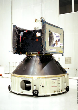 SMART-1 being positioned for its mating to the top of Ariane 5's central cryogenic stage