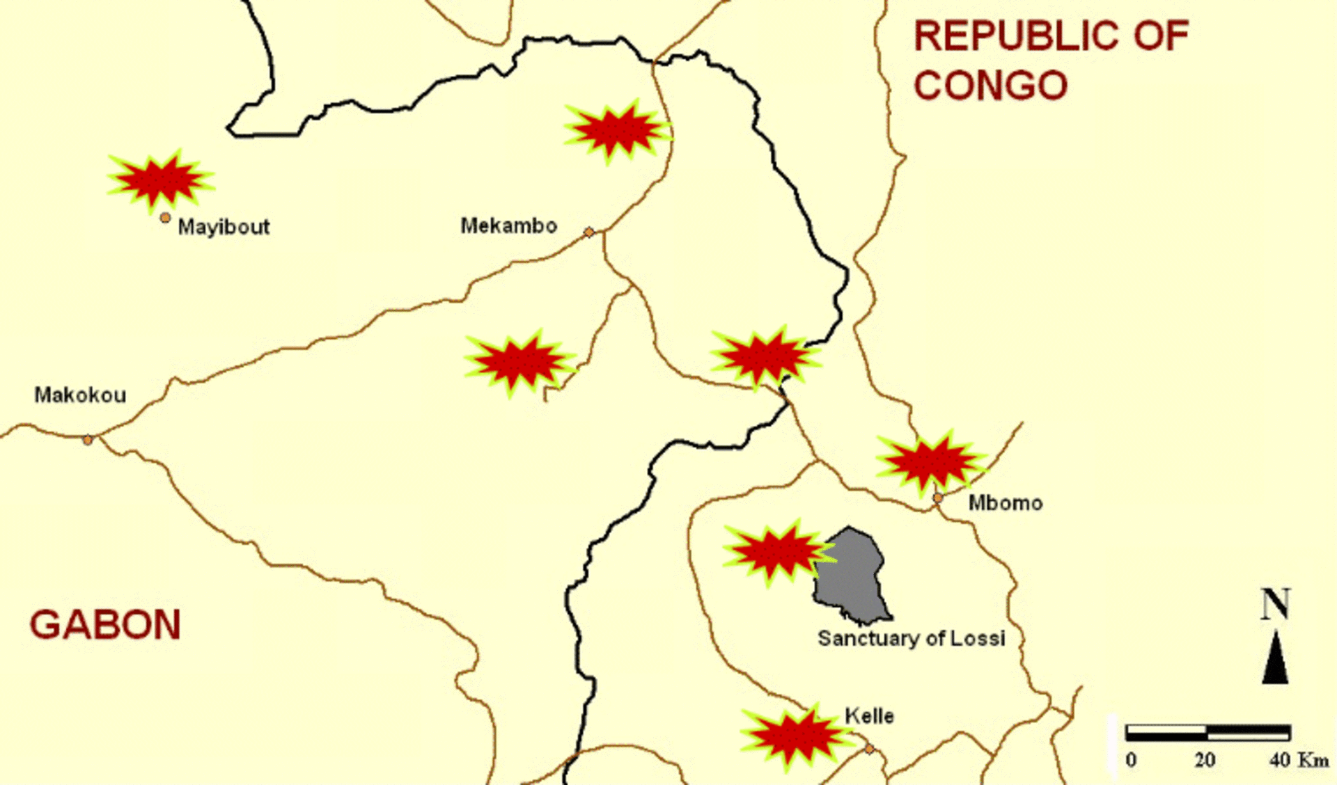 Map showing Ebola outbreaks