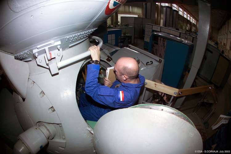 Climbing into the Soyuz simulator
