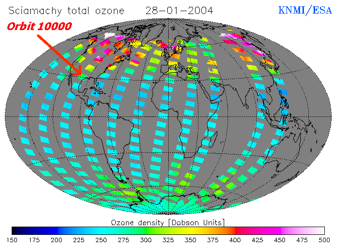 Concentrazione di ozono sul globo terrestre misurata da SCIAMACHY