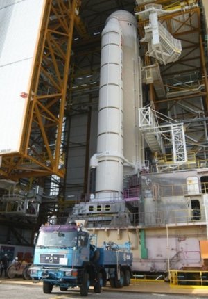 Ariane 5 emerges from the Launcher Integration Building