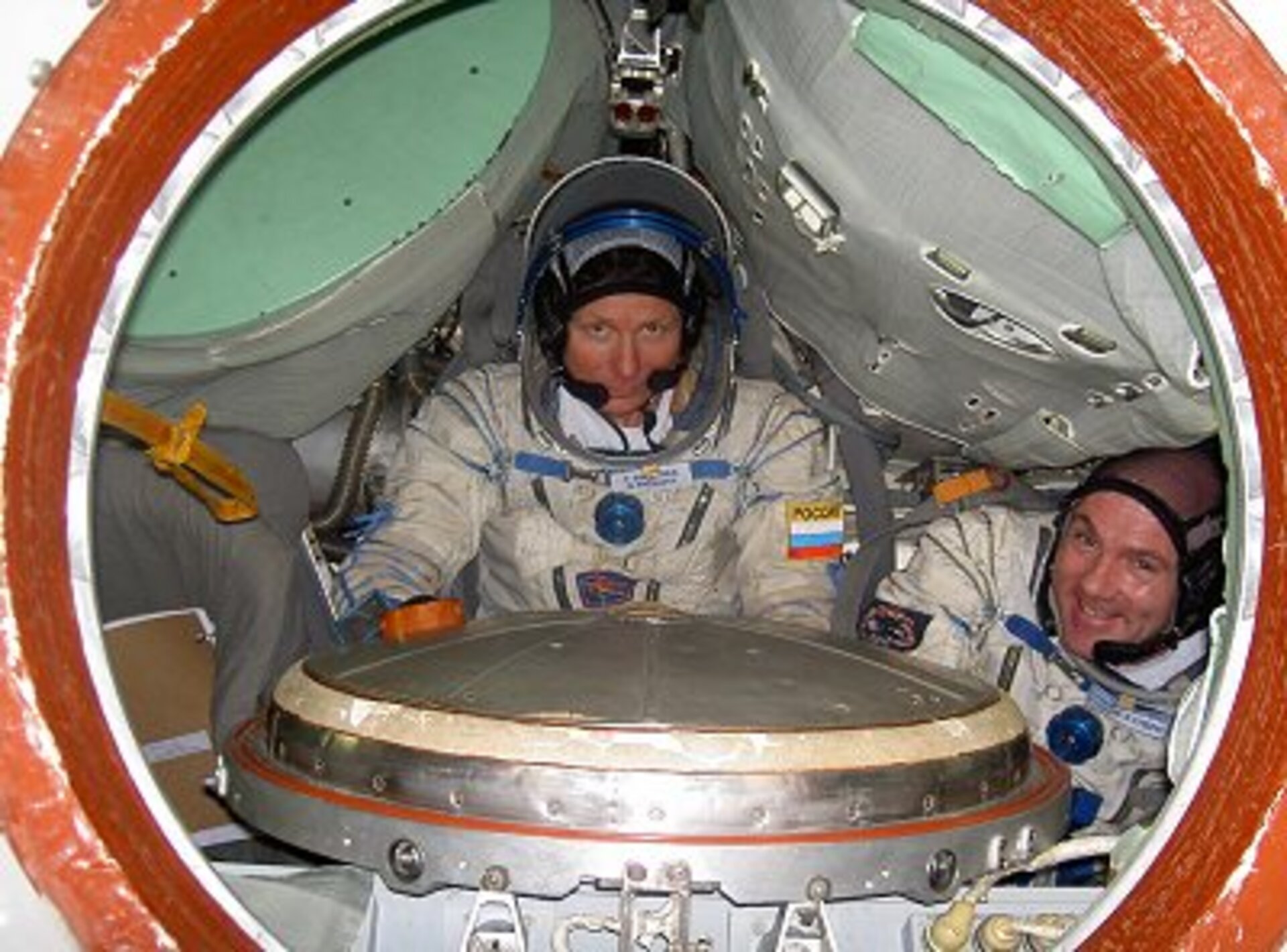 Practising the Soyuz landing in the simulator at Star City