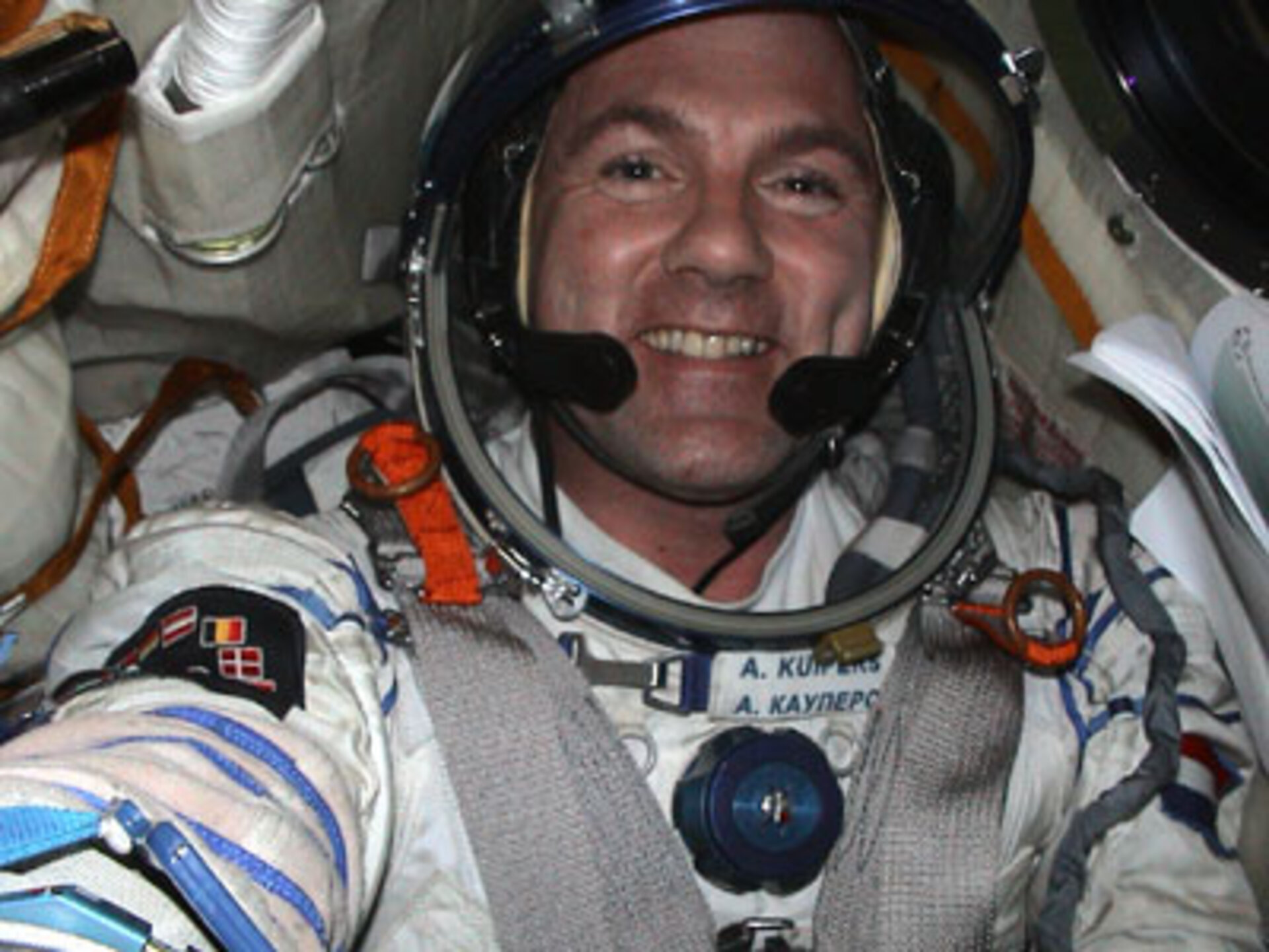 ESA astronaut André Kuipers in the Soyuz capsule whilst waiting for the launch